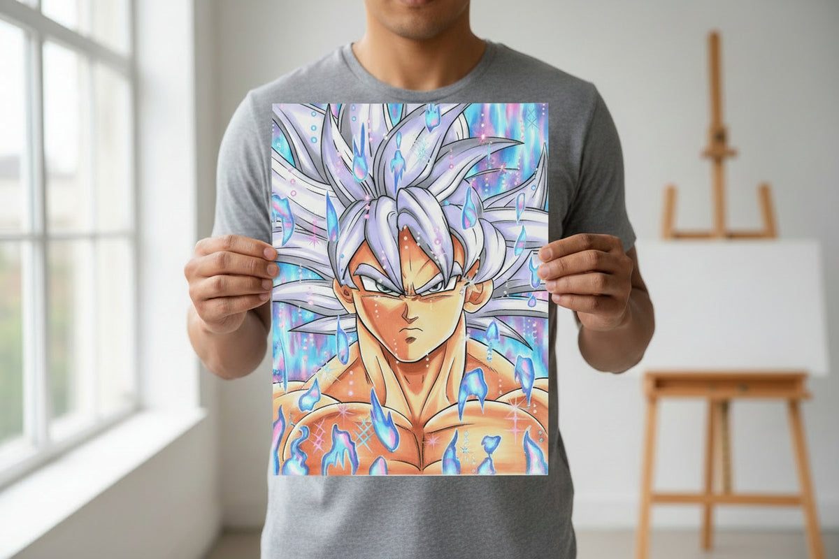 illustration of Goku from Dragon Ball Super in his Ultra instinct form