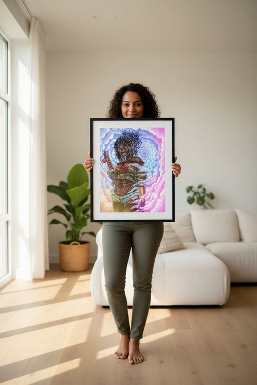 Vibrant fantasy illustration of a Black woman with curly hair holding a sword, surrounded by swirling clouds in blue, pink, and purple tones.