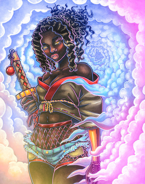 Vibrant fantasy illustration of a Black woman with curly hair holding a sword, surrounded by swirling clouds in blue, pink, and purple tones.