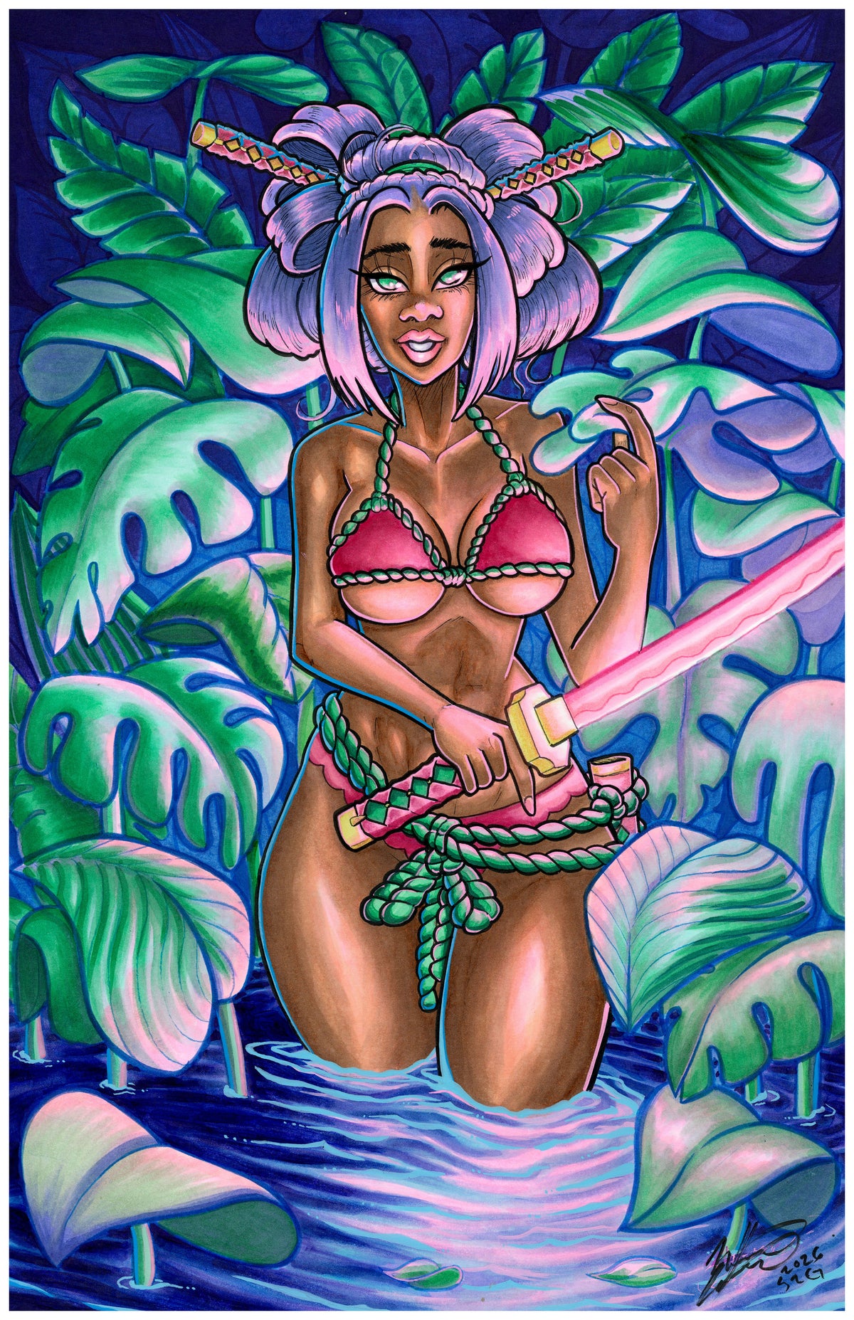 Vibrant anime-style illustration of a woman with purple hair and twin-tail accessories standing in tropical water surrounded by oversized green leaves, wearing a pink bikini and holding a glowing pink sword.