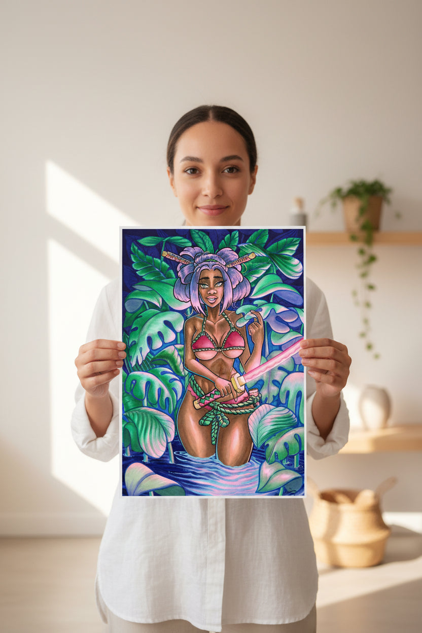Vibrant anime-style illustration of a woman with purple hair and twin-tail accessories standing in tropical water surrounded by oversized green leaves, wearing a pink bikini and holding a glowing pink sword.