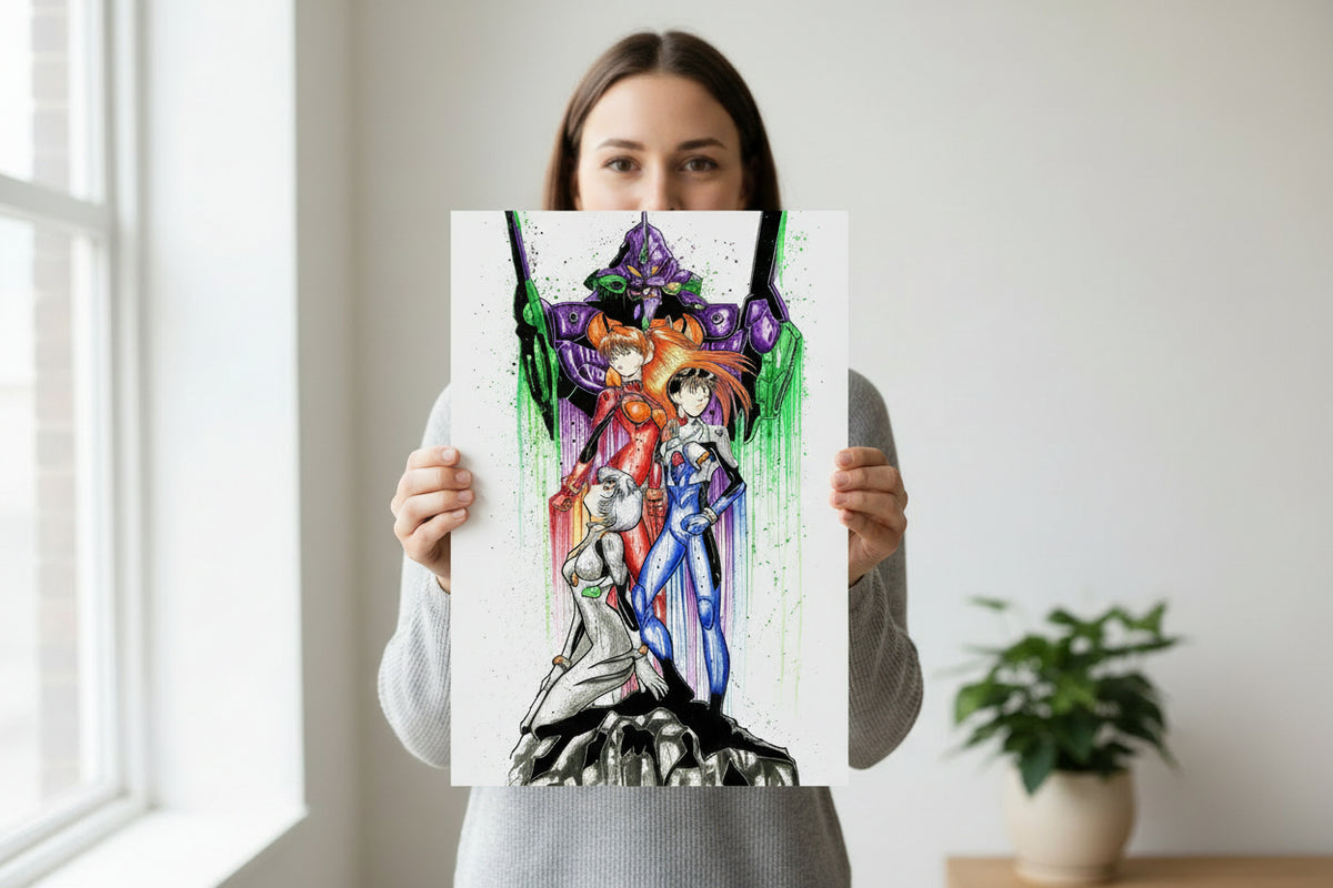 Watercolor  illustration of  Shinji Ikari, Asuka Langley Soryu , and Rei Ayanam
from Neon Genisis Evangelion  standing in front of Evangelion Unit-01 (or EVA-01)