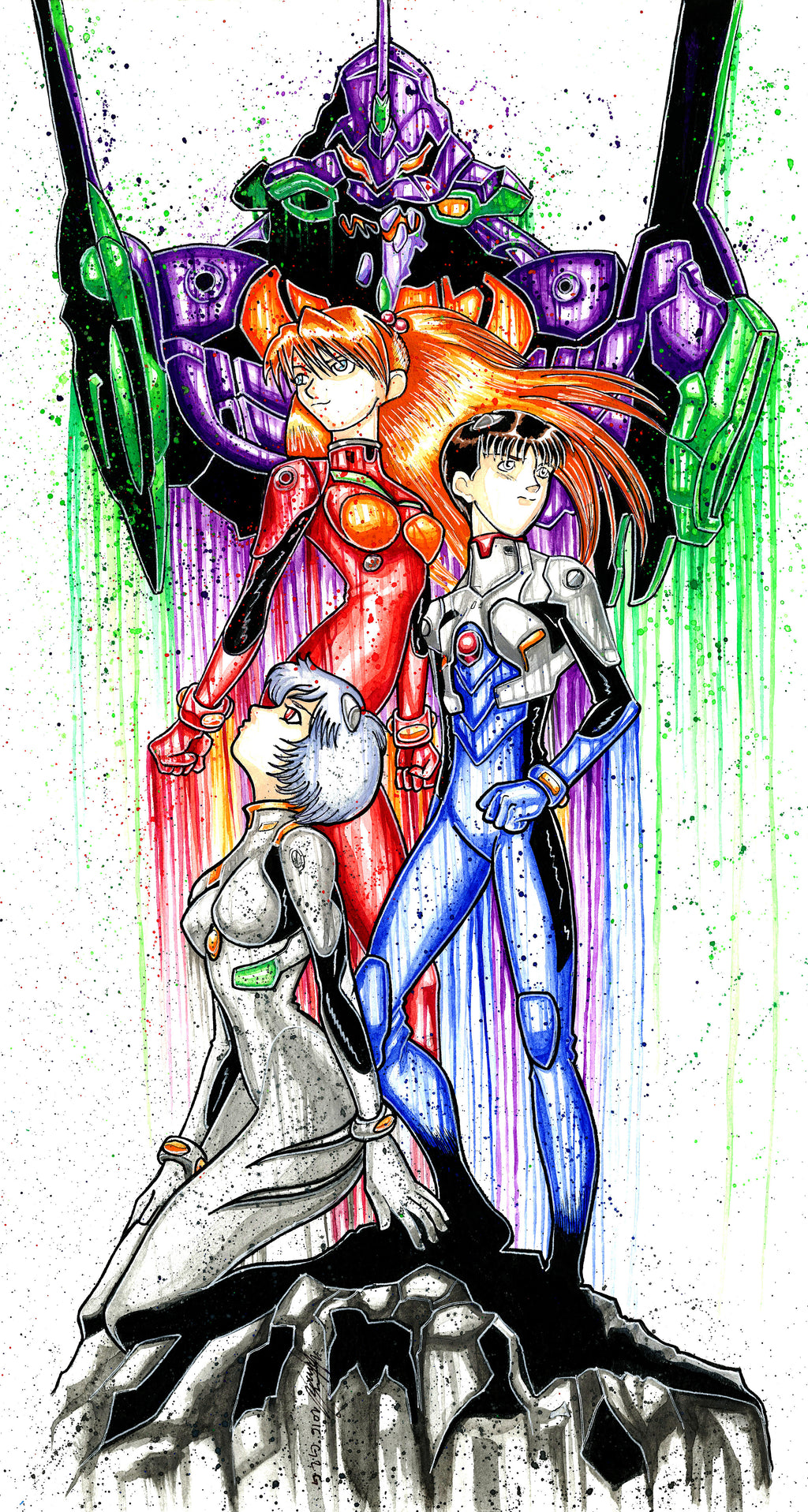 Watercolor  illustration of  Shinji Ikari, Asuka Langley Soryu , and Rei Ayanam
from Neon Genisis Evangelion  standing in front of Evangelion Unit-01 (or EVA-01)