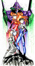 Watercolor  illustration of  Shinji Ikari, Asuka Langley Soryu , and Rei Ayanam
from Neon Genisis Evangelion  standing in front of Evangelion Unit-01 (or EVA-01)