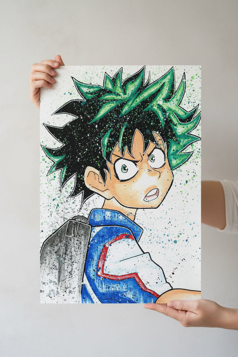 Watercolor illustration of a young Midoriya. also known as  Deku , he can be seen wearing his U.A Academy  student battle attire