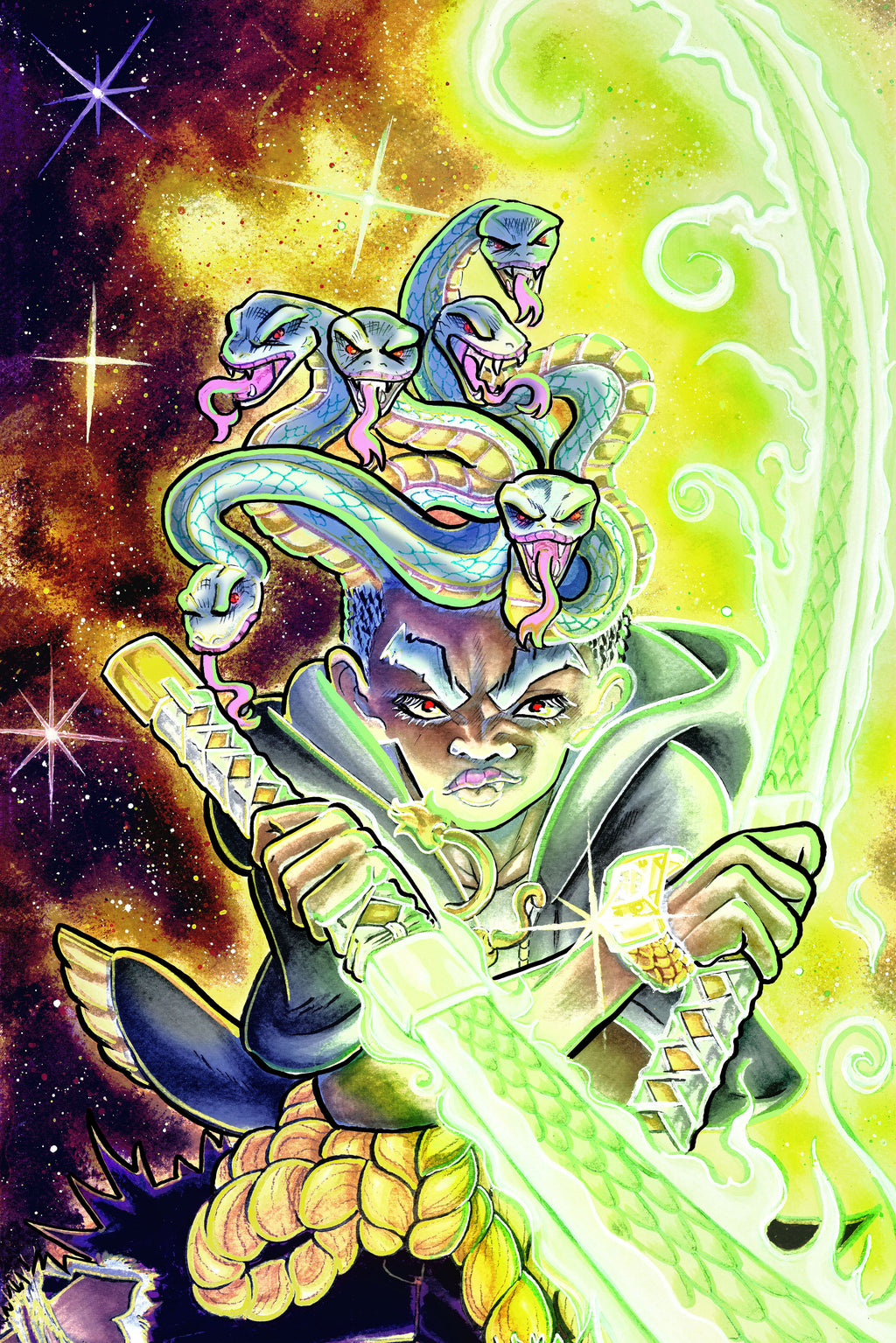 Vibrant fantasy illustration of a warrior with Medusa-style snakes in his hair, holding a glowing green sword against a cosmic yellow, green, and purple background.