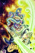 Vibrant fantasy illustration of a warrior with Medusa-style snakes in his hair, holding a glowing green sword against a cosmic yellow, green, and purple background.
