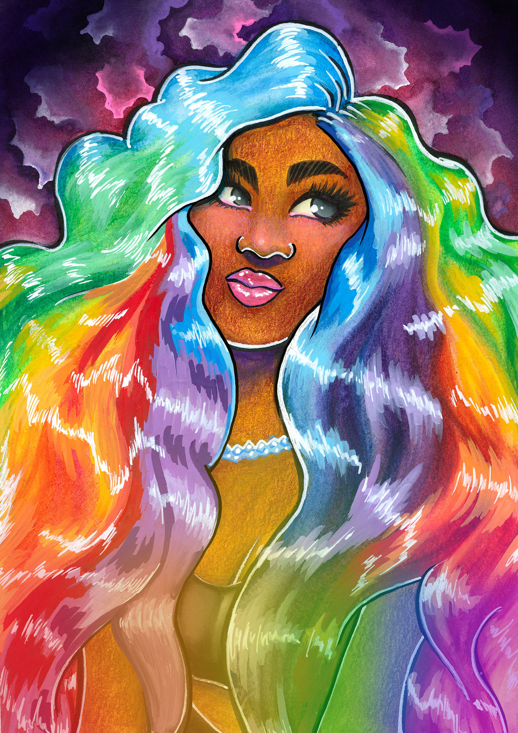 Vibrant illustration of a woman with long, flowing rainbow-colored hair and a matching multicolor headpiece, set against a colorful purple and pink background.