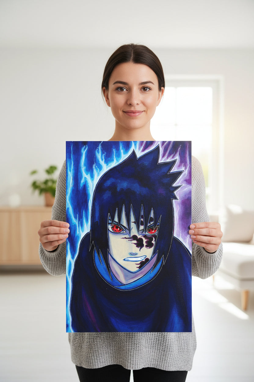 Watercolor painting Sasuke Uchiha from Naruto. sharingan eyes glowing emitting cursed energy