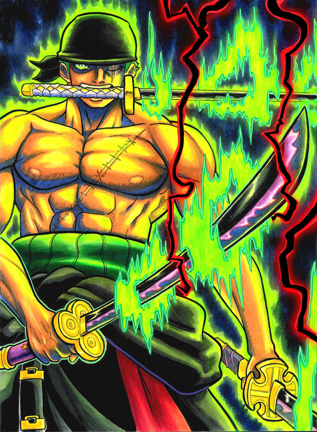 Hand drawn illustration of One Piece Roanoa Zorro in his "king of Hell Form. this art was hand drawn and inked on cold pressed water color paper and colored with Copic Markers Watercolor and acrylic paint.