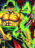 Hand drawn illustration of One Piece Roanoa Zorro in his "king of Hell Form. this art was hand drawn and inked on cold pressed water color paper and colored with Copic Markers Watercolor and acrylic paint.