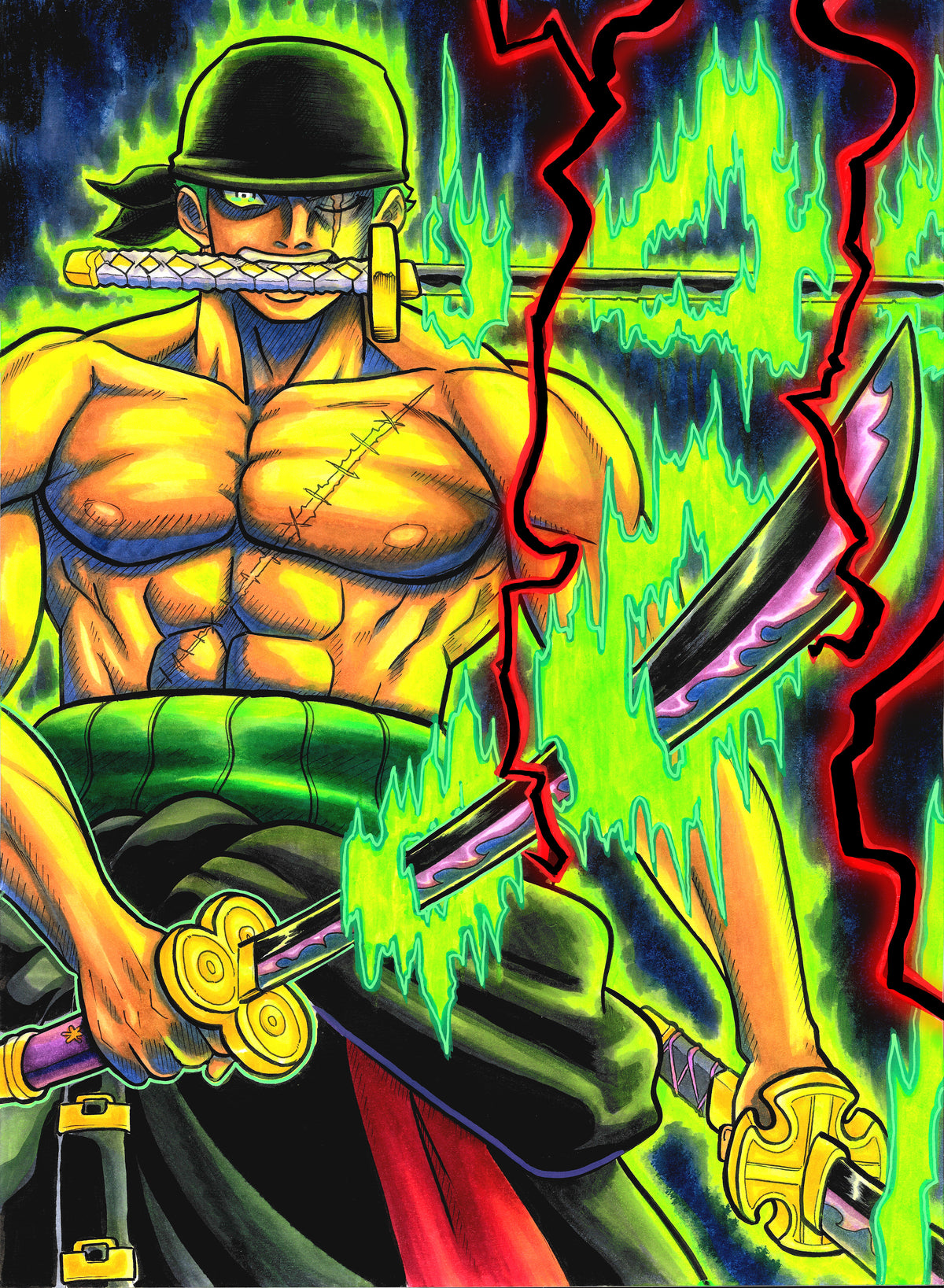 Hand drawn illustration of One Piece Roanoa Zorro in his "king of Hell Form. this art was hand drawn and inked on cold pressed water color paper and colored with Copic Markers Watercolor and acrylic paint.