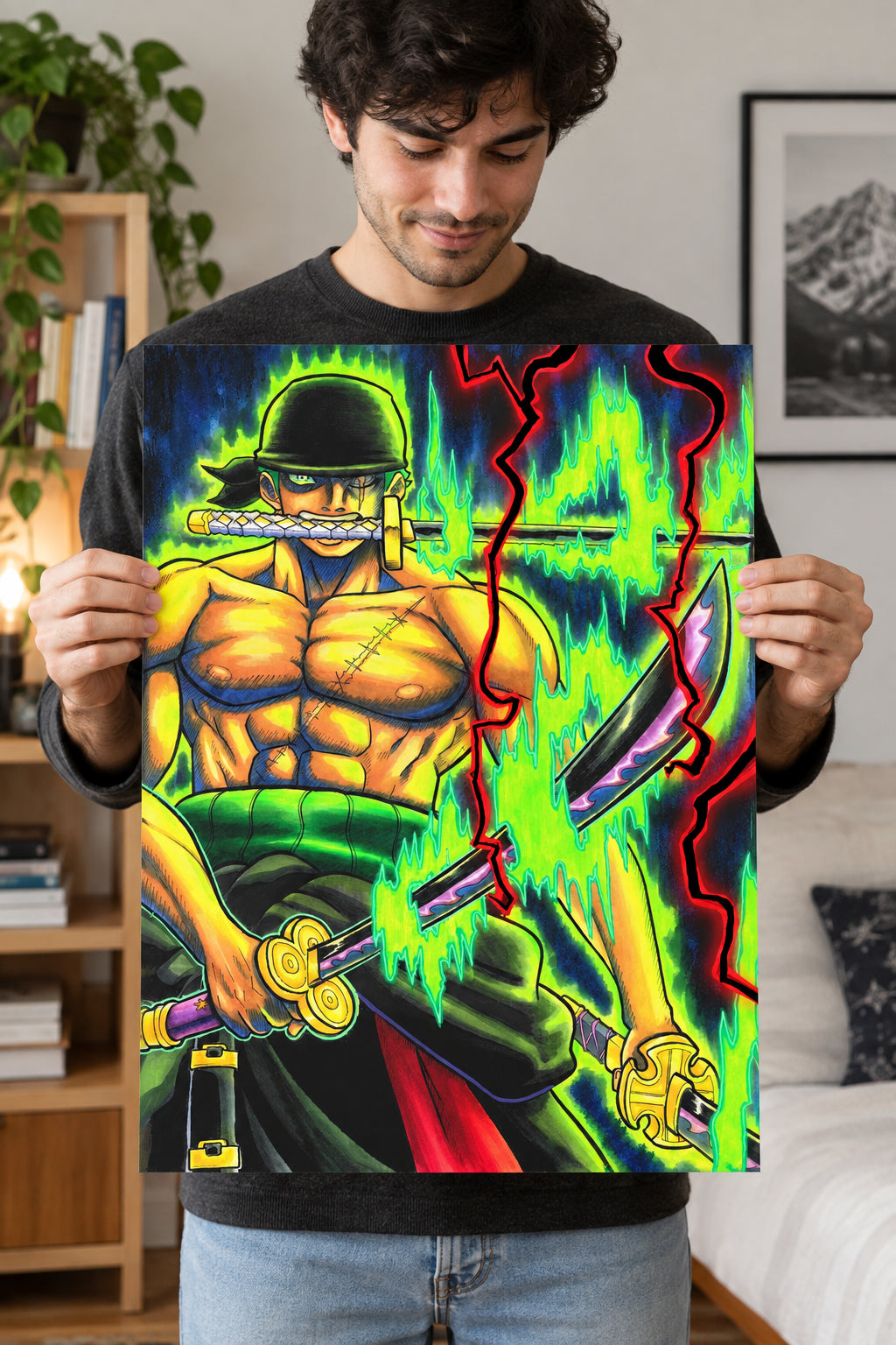 Hand drawn illsustration of One Piece Roanoa Zorro in his "king of Hell Form. this art was hand drawn and inked on cold presed water color paper and colored with Copic Markers Watercolor and acrylic paint.