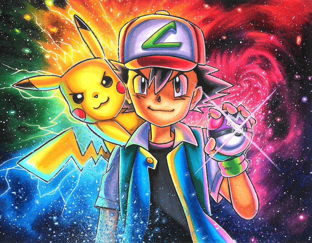 Pokemons Ash Ketchum and Pikachu mixed media painting. Ash wielding the Master Ball and Pikachu ready for action