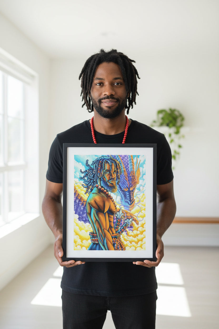 Vibrant fantasy illustration of a muscular bearded man with blue dreadlocks and a red beaded necklace, holding a trident, with a large purple dragon and bright clouds in the background.