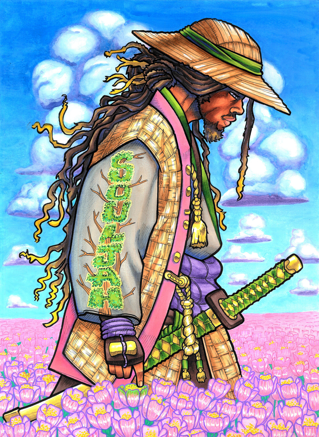 Vibrant anime-style illustration of a samurai warrior with long dreadlocks, wearing a straw hat, patterned jacket, and purple underlayer, standing in a field of pink flowers under a blue sky with clouds.