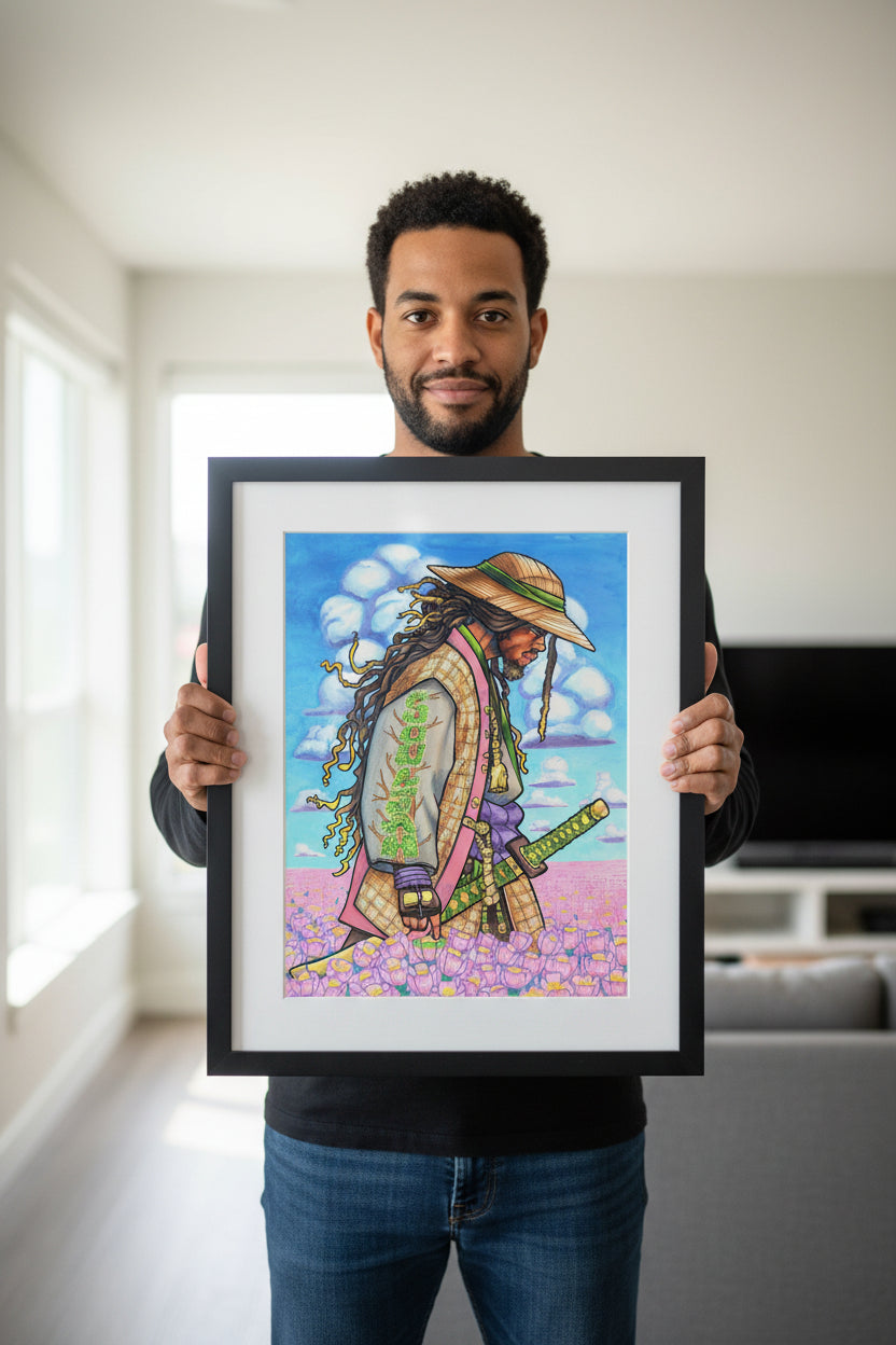 Vibrant anime-style illustration of a samurai warrior with long dreadlocks, wearing a straw hat, patterned jacket, and purple underlayer, standing in a field of pink flowers under a blue sky with clouds.
