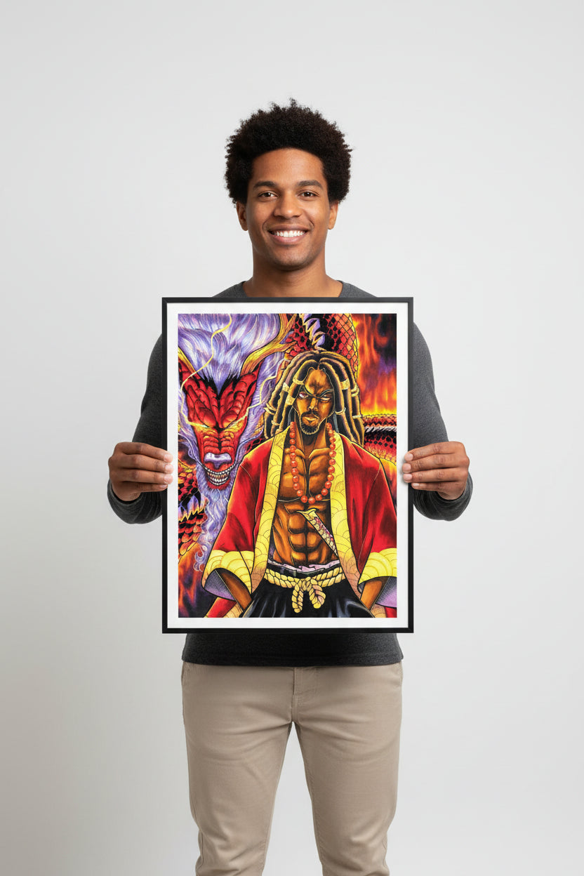 Vibrant anime-style illustration of a muscular man with dreadlocks wearing a red and gold kimono, standing in front of a large red dragon with purple and white horns over a fiery background.