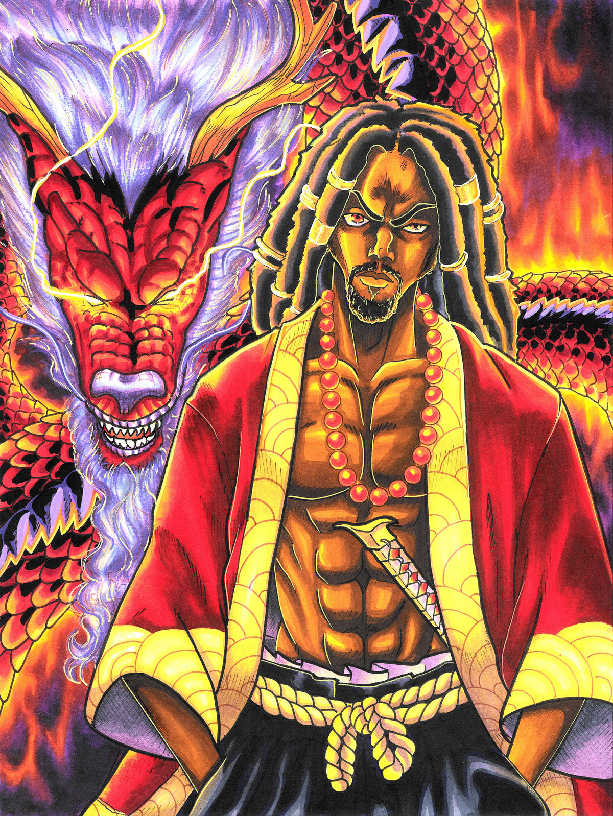 Vibrant anime-style illustration of a muscular man with dreadlocks wearing a red and gold kimono, standing in front of a large red dragon with purple and white horns over a fiery background.