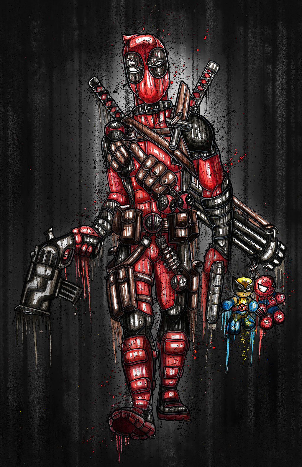 A stylized illustration of Deadpool standing against a dark textured background, wearing his signature red and black suit with metallic gray armor details, holding weapons, and accompanied by Wolverine and Spiderman plushies attached to an enormous Gatling gun.