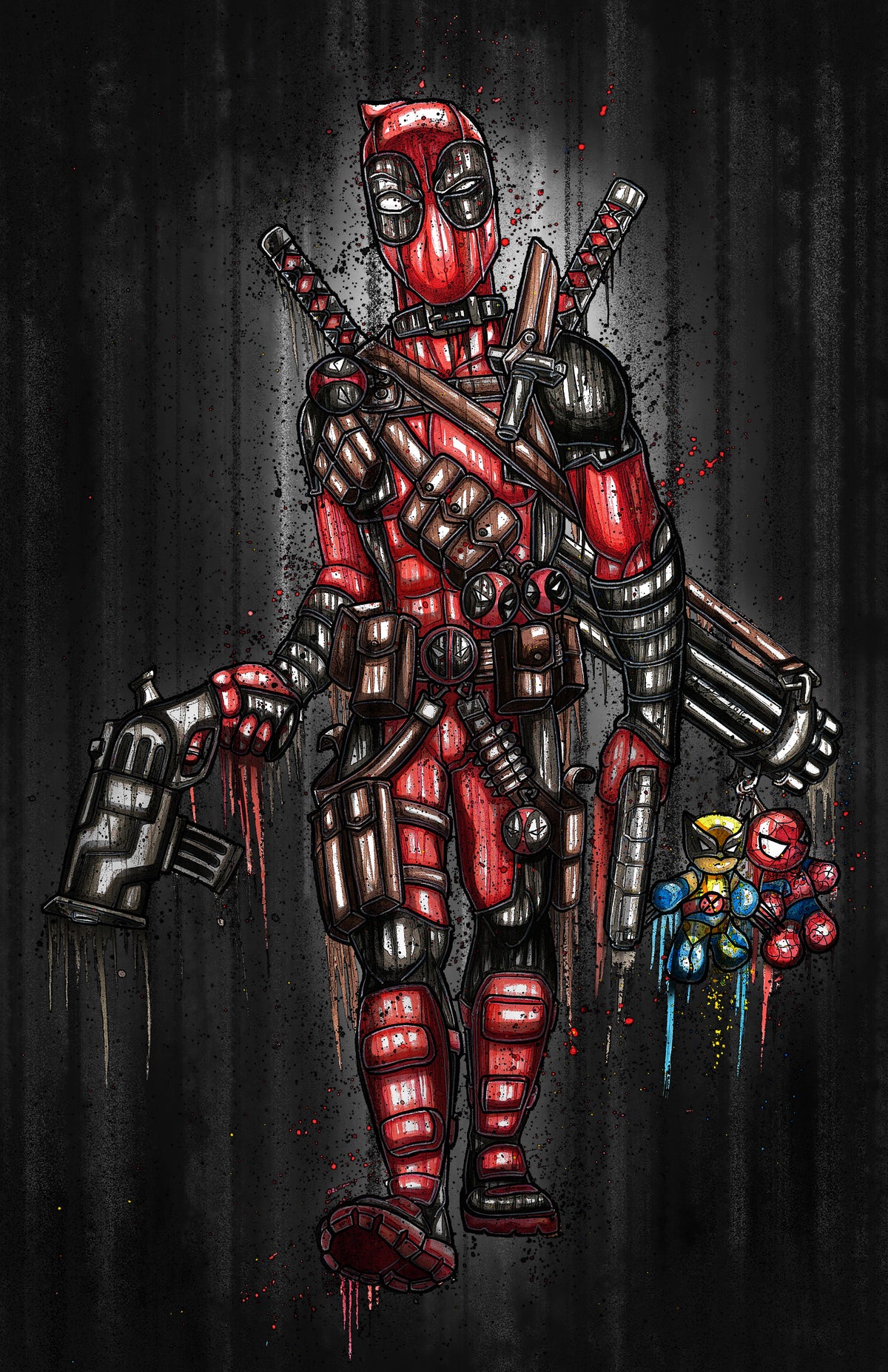 A stylized illustration of Deadpool standing against a dark textured background, wearing his signature red and black suit with metallic gray armor details, holding weapons, and accompanied by Wolverine and Spiderman plushies attached to an enormous Gatling gun.