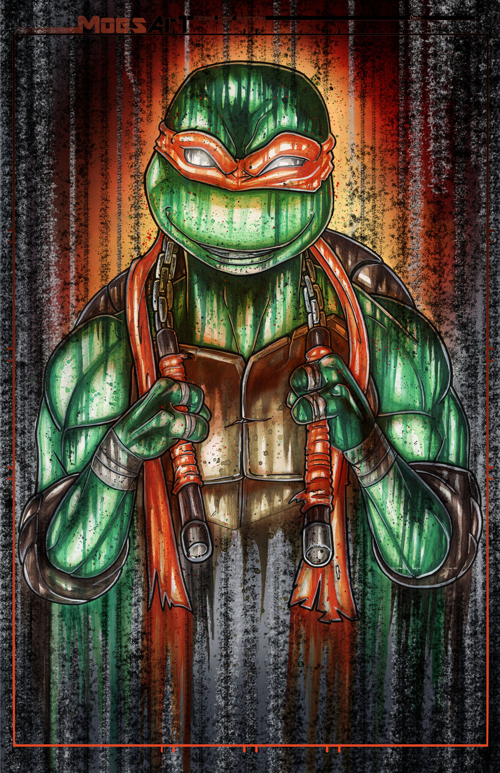 A Watercolor illustration of a Michelangelo of the Teenage Mutant Ninja Turtles