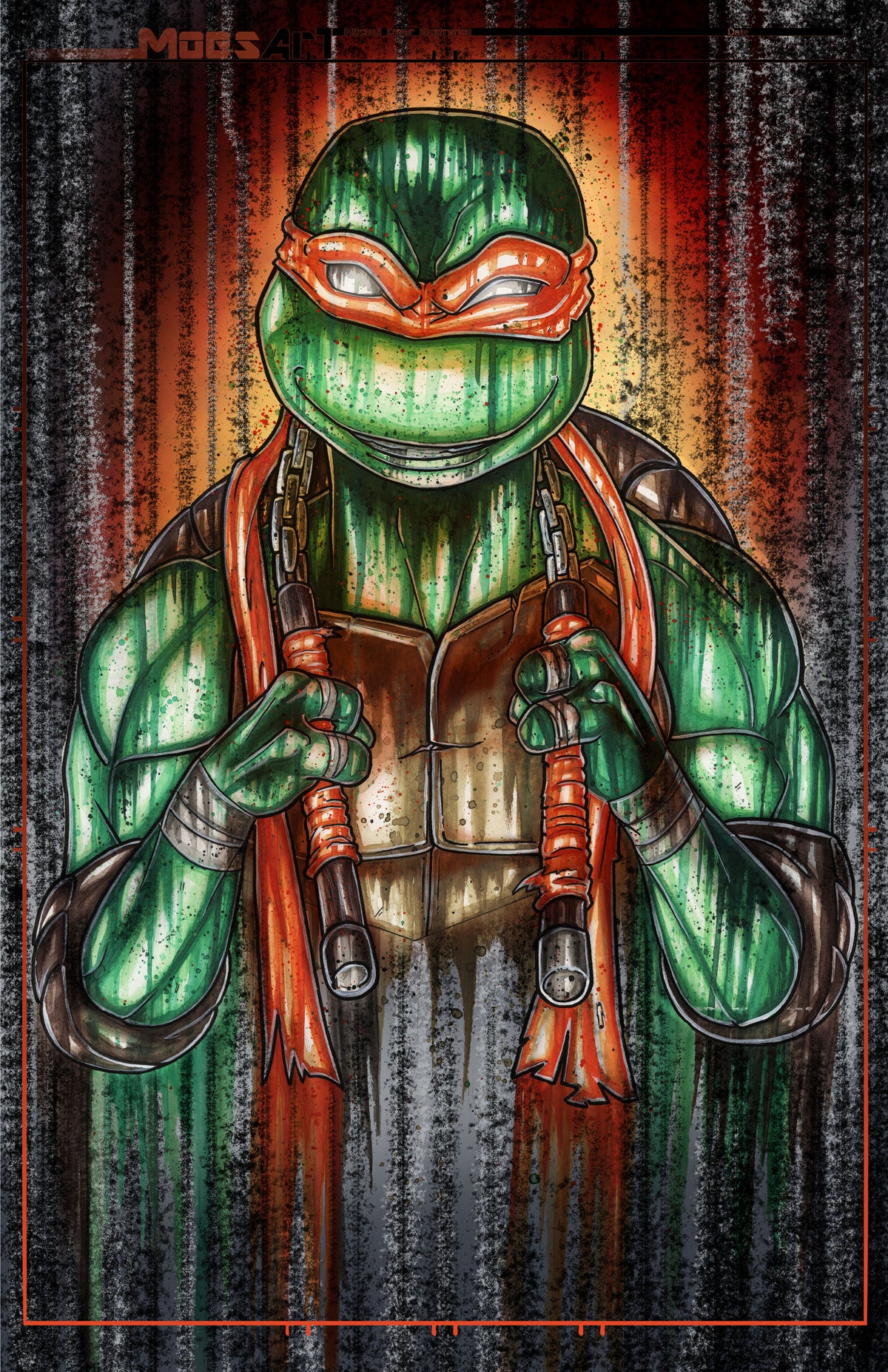 A Watercolor illustration of a Michelangelo of the Teenage Mutant Ninja Turtles